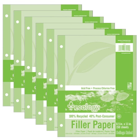 Ecology Recycled Filler Paper, College Ruled, 8.5 x 11, PK900 P3202